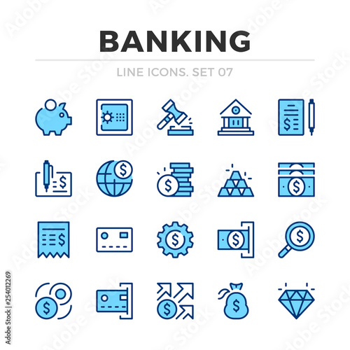 Banking vector line icons set. Thin line design. Outline graphic elements, simple stroke symbols. Banking icons