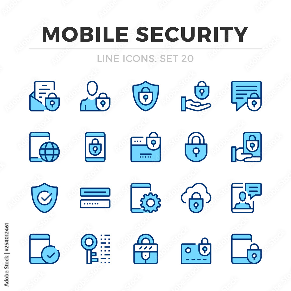 Mobile security vector line icons set. Thin line design. Outline graphic elements, simple stroke symbols. Mobile security icons Mobile security vector line icons set. Thin line design. Outline graphic elements, simple stroke symbols. Mobile security icons