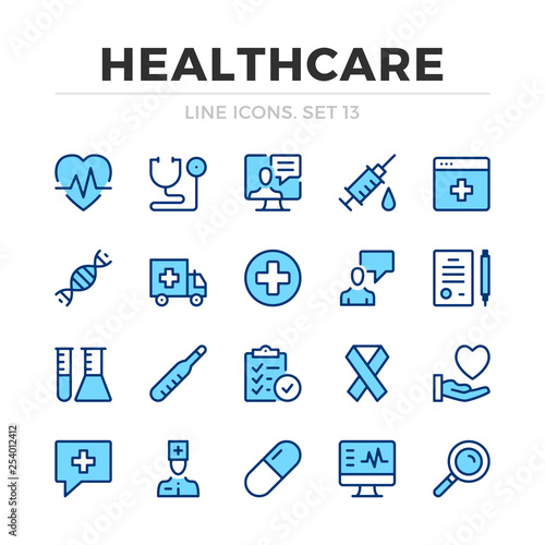 Healthcare vector line icons set. Thin line design. Outline graphic elements, simple stroke symbols. Healthcare icons