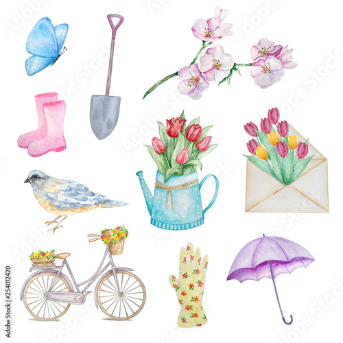 watercolor set spring: bike, tulips, flowers, umbrella, boots, shovel, butterfly © SvetaArt