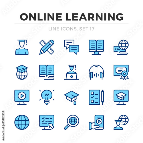 Online learning vector line icons set. Thin line design. Outline graphic elements, simple stroke symbols. Online learning icons