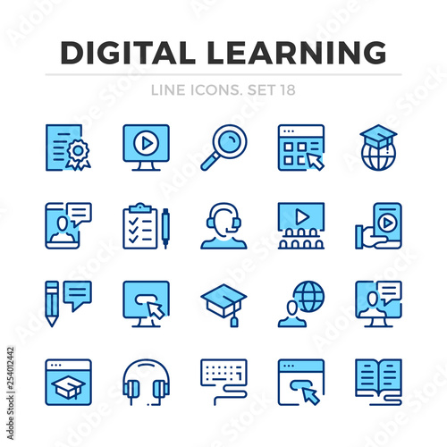 Digital learning vector line icons set. Thin line design. Outline graphic elements, simple stroke symbols. Digital learning icons