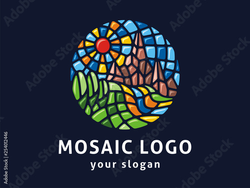 Vector logo template. Sign landscape in mosaic style.