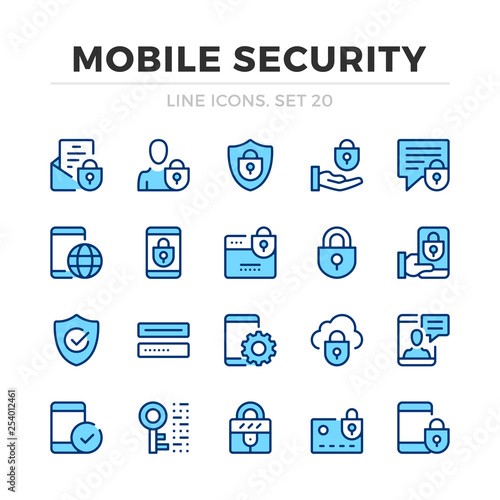 Mobile security vector line icons set. Thin line design. Outline graphic elements, simple stroke symbols. Mobile security icons