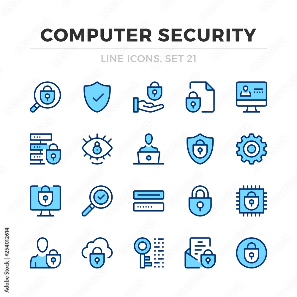 Computer security vector line icons set. Thin line design. Modern outline graphic elements, simple stroke symbols. Computer security icons