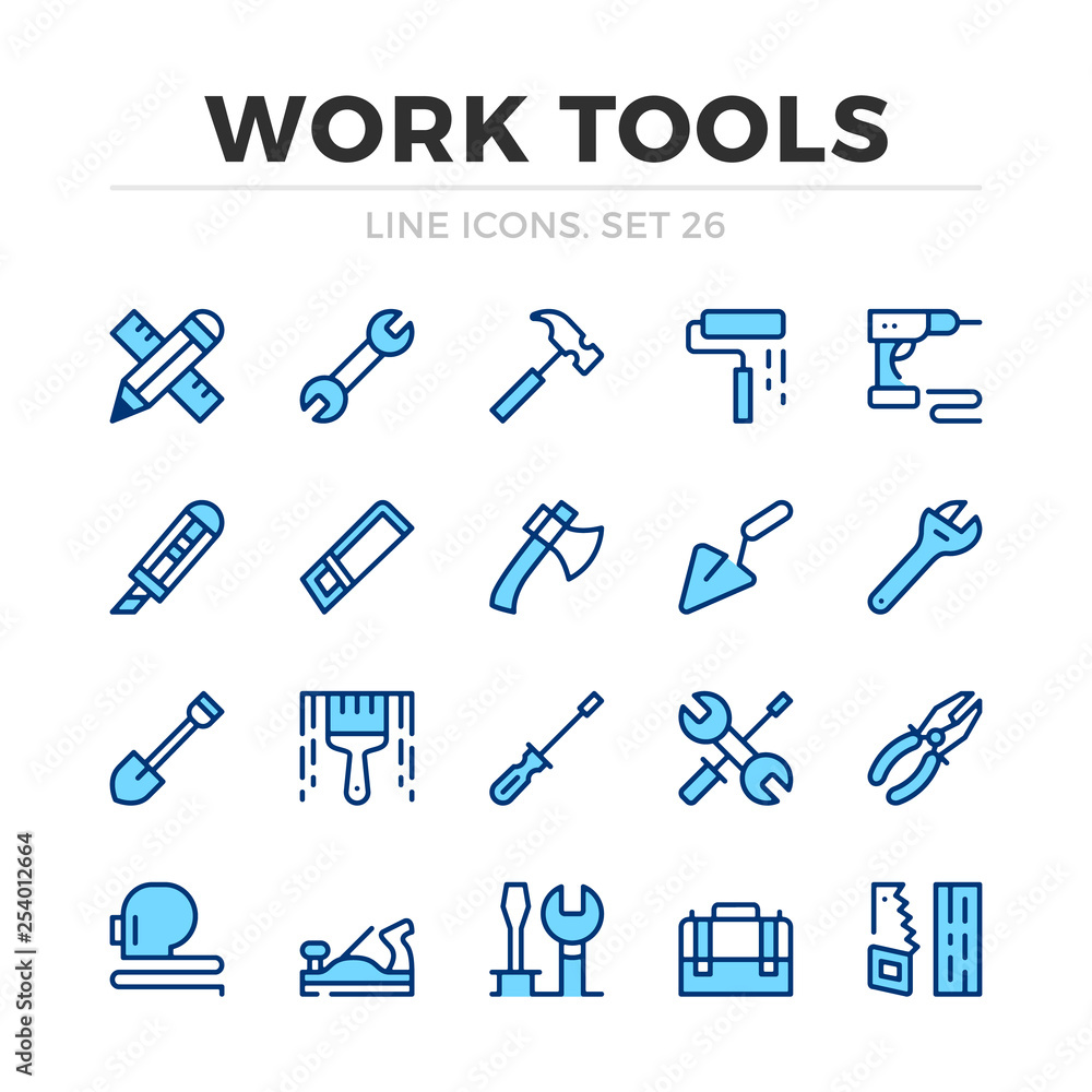 Work tools vector line icons set. Thin line design. Outline graphic elements, simple stroke symbols. Work tools icons Work tools vector line icons set. Thin line design. Outline graphic elements, simple stroke symbols. Work tools icons