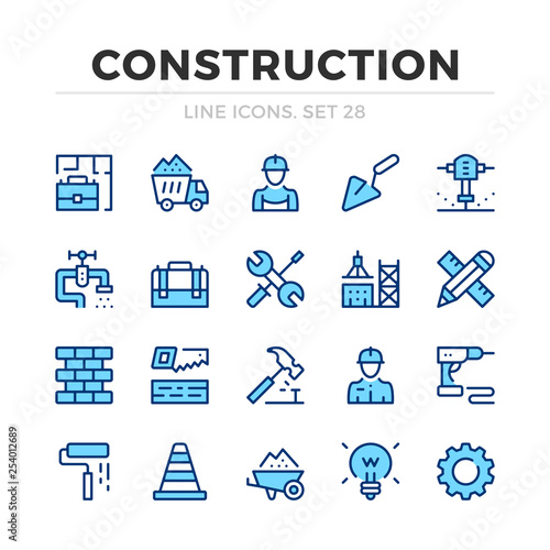 Construction vector line icons set. Thin line design. Outline graphic elements, simple stroke symbols. Construction icons