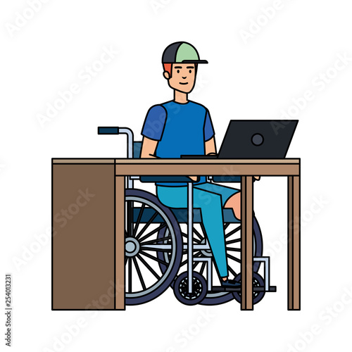 young man in wheelchair working in the office