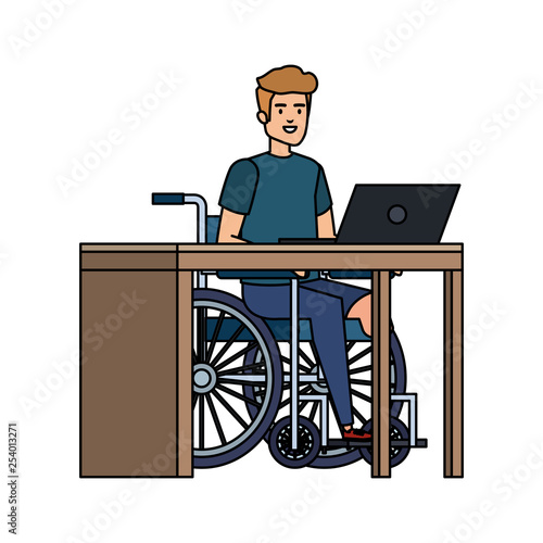 young man in wheelchair working in the office