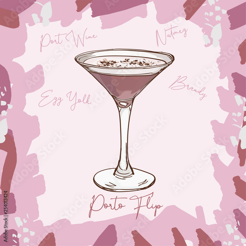 Porto Flip Unforgettable classic cocktail illustration. Alcoholic bar drink hand drawn vector. Pop art