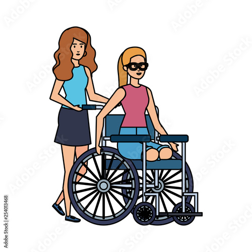 young woman in wheelchair with female helper