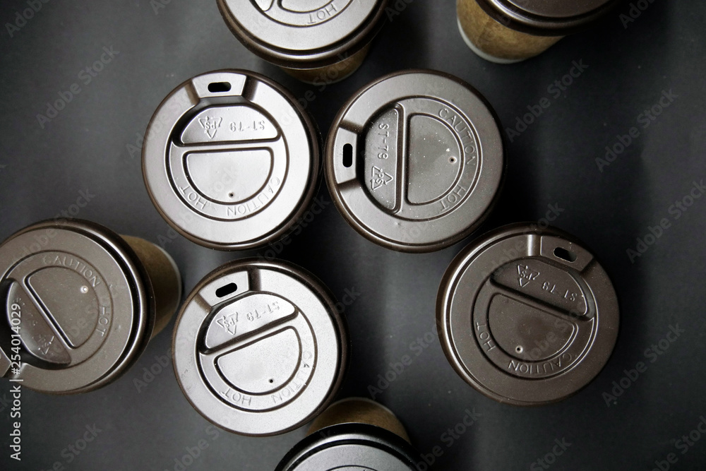 Paper cups with cover top view. Coffee lifestyle concept Paper cups with cover top view. Coffee lifestyle concept