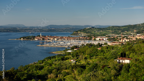 Overview of marina at old fishing town of Izola Slovenia on the Adriatic coast of the Istrian peninsula