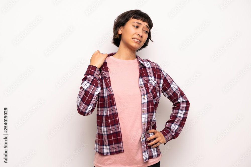 Young woman with short hair with tired and sick expression Young woman with short hair with tired and sick expression