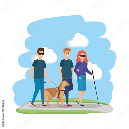 blind woman with helper and guide dog