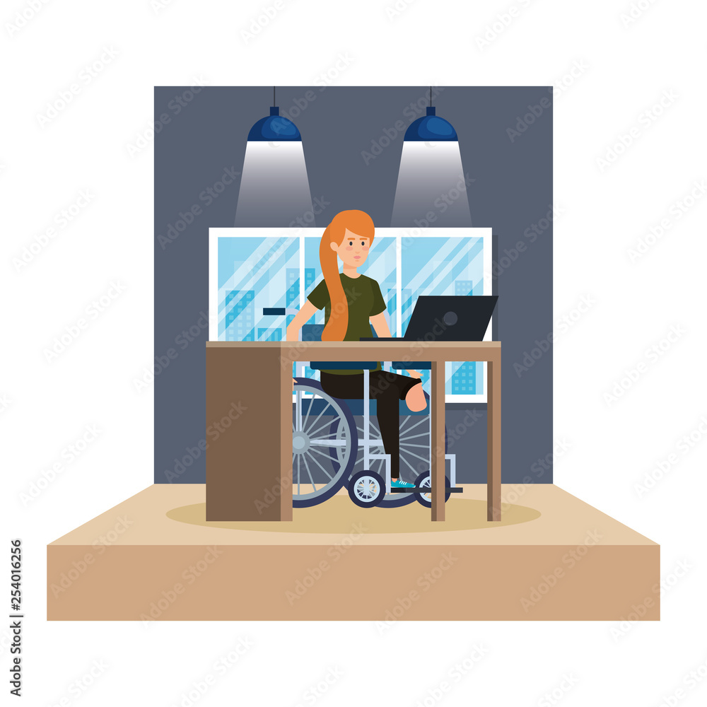 young man in wheelchair working in the office - obrazy, fototapety, plakaty 