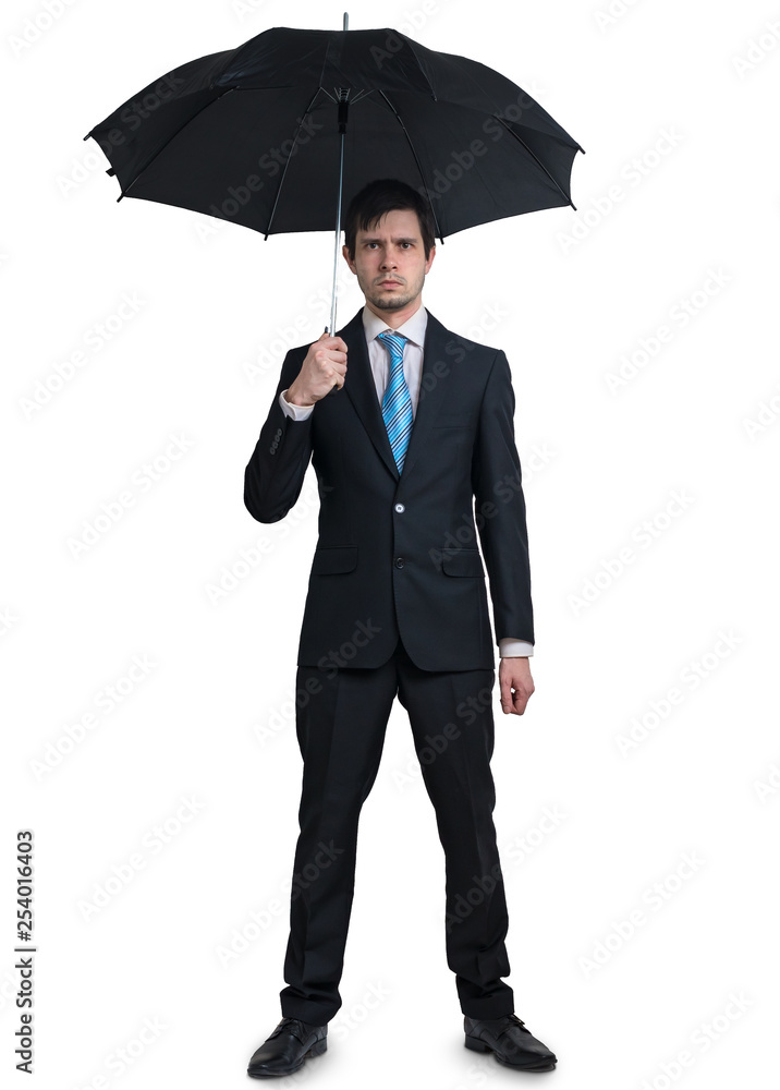 Young businessman in suit with umbrella isolated on white background. Young businessman in suit with umbrella isolated on white background.
