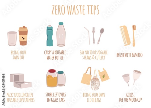 Zero waste tips for eco life with text in a flat style.