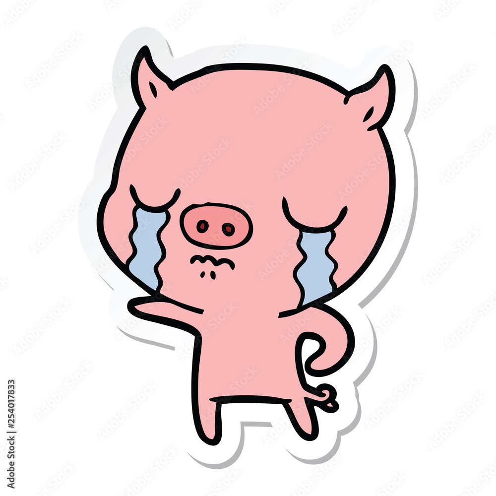 sticker of a cartoon pig crying