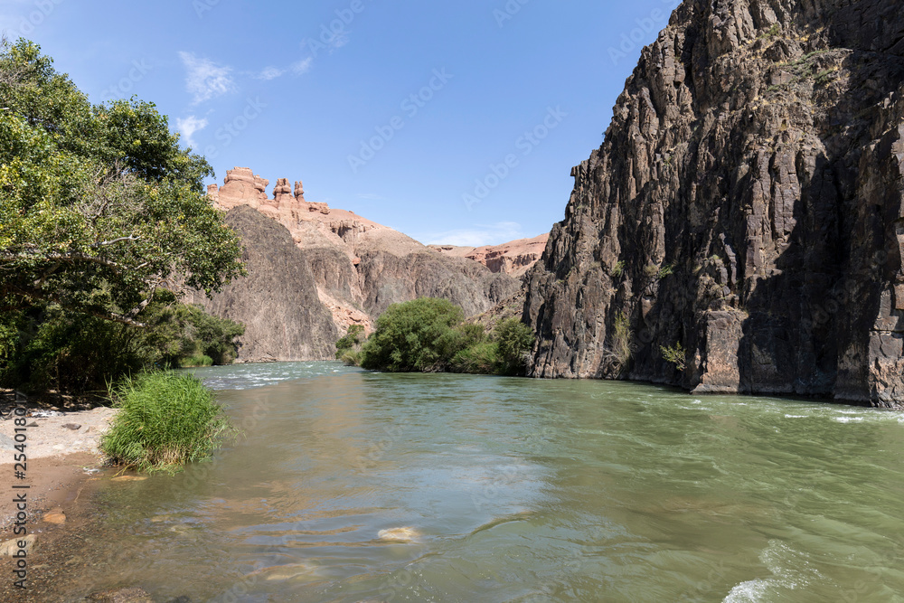 Charyn River flows within the Charyn Canyon and provides a fertile shore with its water. The canyon is also called valley of castles and is located east of Almaty in Kazakhstan.