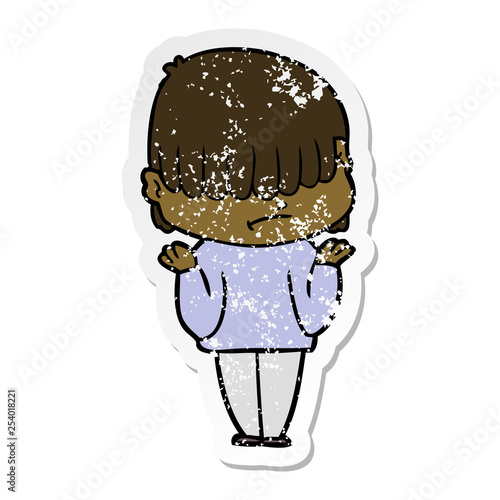 distressed sticker of a cartoon boy with untidy hair