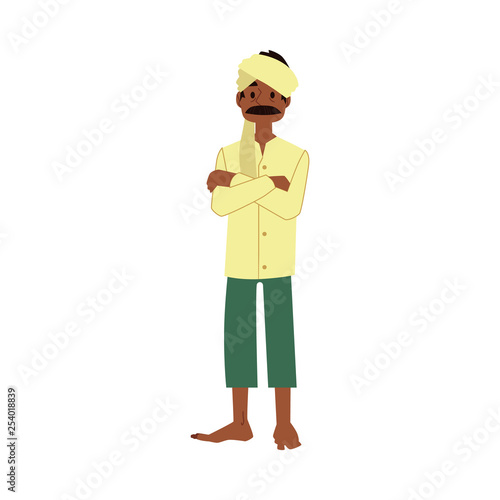 Vector happy indian farmer barefood in headscarf