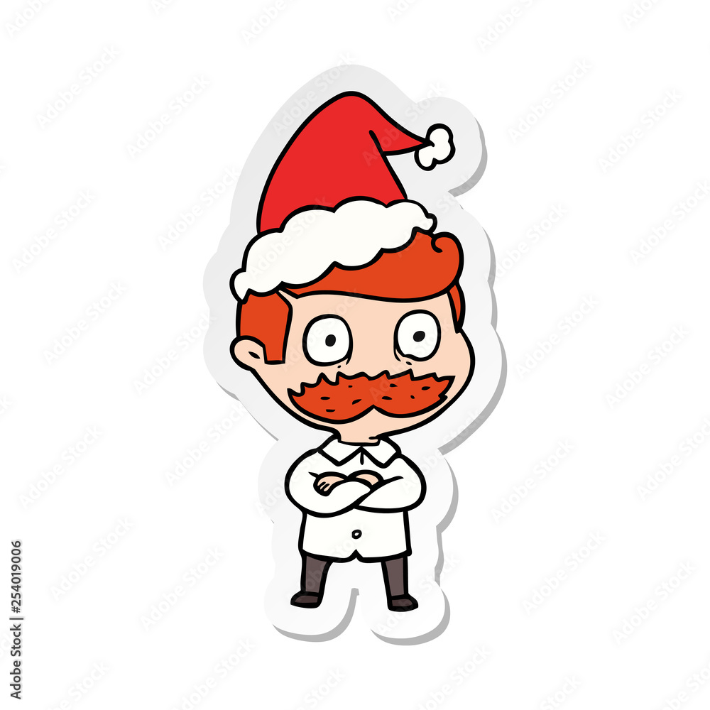 sticker cartoon of a man with mustache shocked wearing santa hat sticker cartoon of a man with mustache shocked wearing santa hat