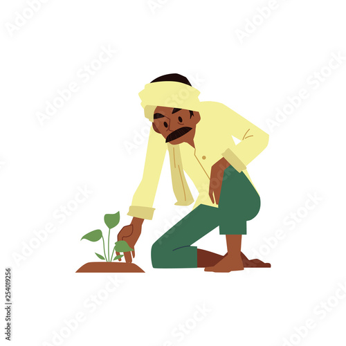 Vector happy indian farmer barefood in headscarf