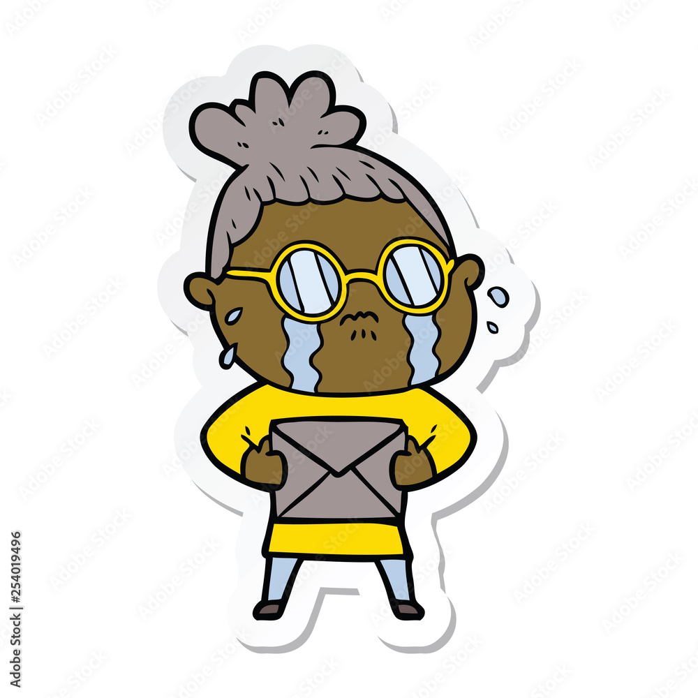 sticker of a cartoon crying woman wearing spectacles sticker of a cartoon crying woman wearing spectacles