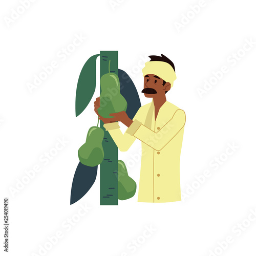 Vector happy indian farmer in headscarf with pear