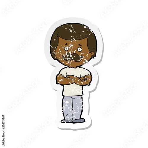 retro distressed sticker of a cartoon manly mustache man