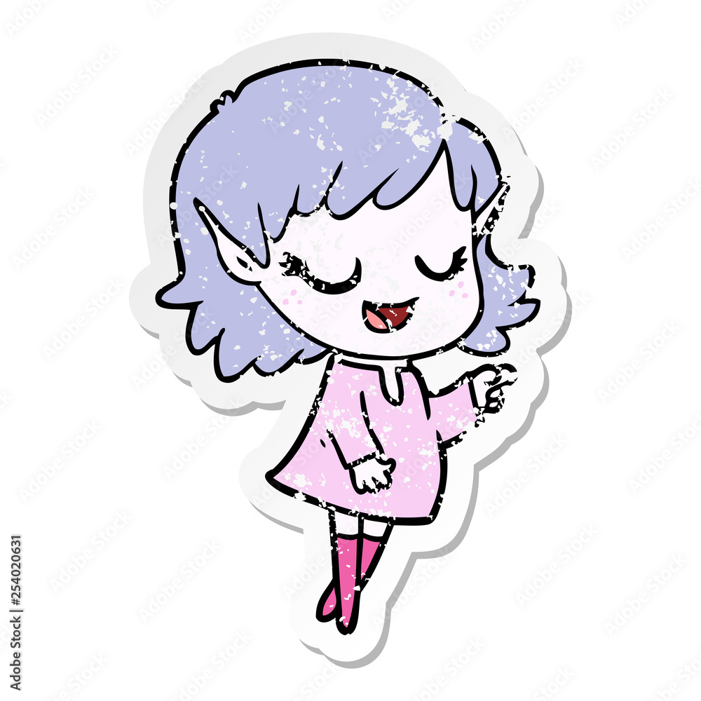 distressed sticker of a happy cartoon elf girl pointing distressed sticker of a happy cartoon elf girl pointing
