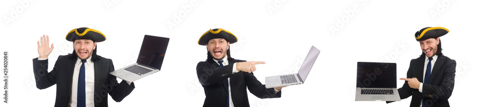 Pirate businessman holding laptop isolated on white Pirate businessman holding laptop isolated on white