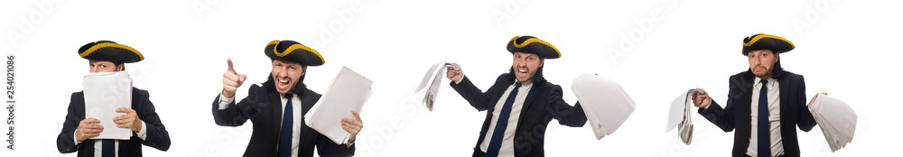 Pirate businessman holding papers isolated on white Pirate businessman holding papers isolated on white