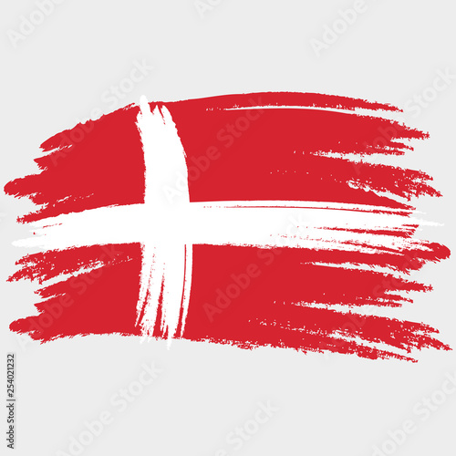 Denmark flag. Brush painted Denmark flag. Hand drawn style illustration with a grunge effect and watercolor. Denmark flag with grunge texture. Vector illustration.