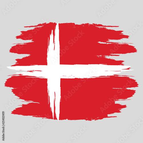 Denmark flag. Brush painted Denmark flag. Hand drawn style illustration with a grunge effect and watercolor. Denmark flag with grunge texture. Vector illustration.