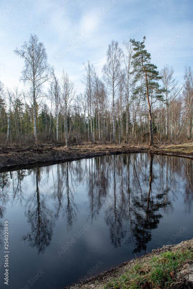 riverside landscape in latvia with dark water and dirty shore line riverside landscape in latvia with dark water and dirty shore line