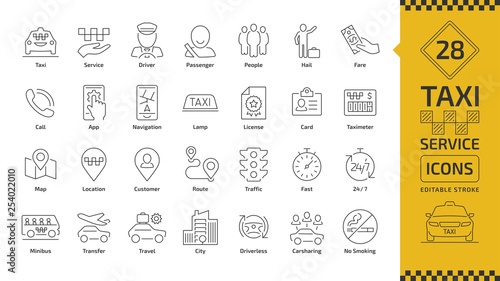 Print op canvas Vector taxi cab car service editable stroke line icon set with motor transport, driver, passenger on travel, people and city traffic thin outline sign