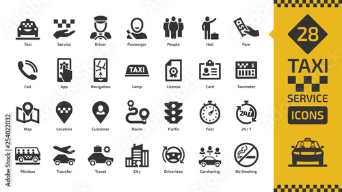 Vector taxi cab car service icon set with motor transport, driver, passenger on travel, people and city traffic flat silhouette sign.