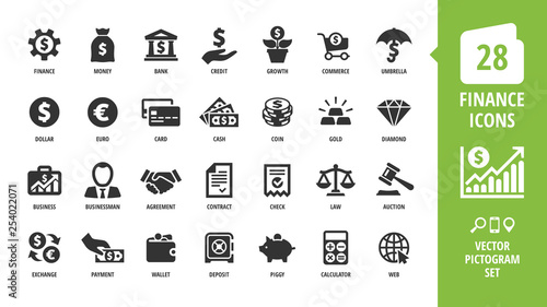 Vector business and finance icon set with money, bank, piggy, credit, exchange, graph, deposit, calculator, web, law, dollar, euro, coin, card, currency, handshake and more isolated silhouette symbol.