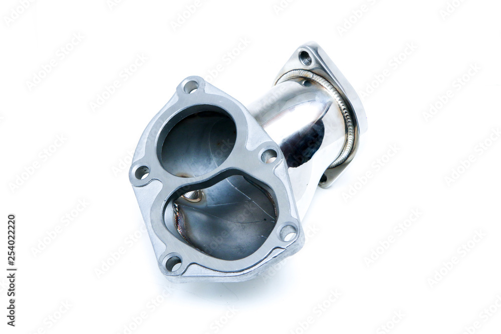 The stainless steel sports turbo elbow pipe isolated on a white background. The stainless steel sports turbo elbow pipe isolated on a white background.