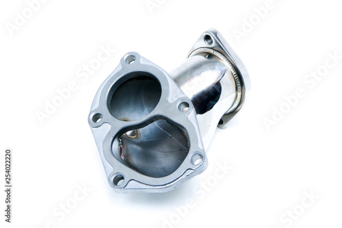 The stainless steel sports turbo elbow pipe isolated on a white background. 