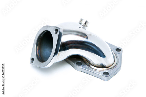 The stainless steel sports turbo elbow pipe isolated on a white background. 