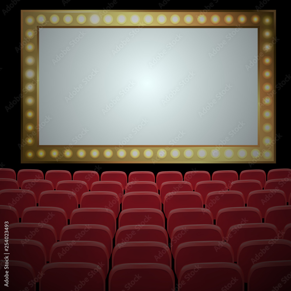 Rows of red cinema or theater seats in front of black blank screen. Wide empty movie theater auditorium with red seats. Vector illustration