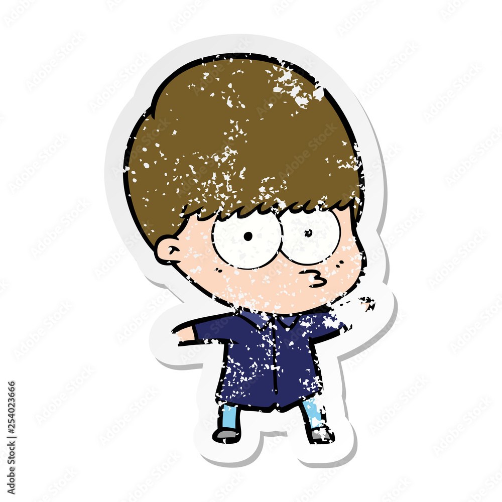 distressed sticker of a curious cartoon boy distressed sticker of a curious cartoon boy