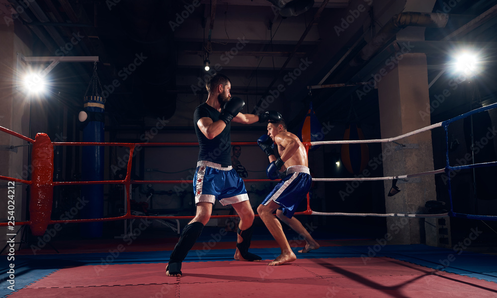 Two sporty boxers training kickboxing in the ring at the health club