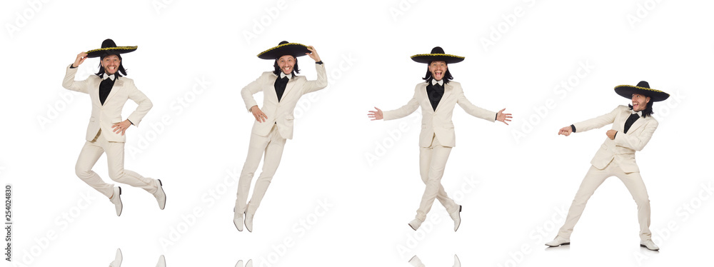 Fototapeta premium Funny mexican in suit and sombrero isolated on white