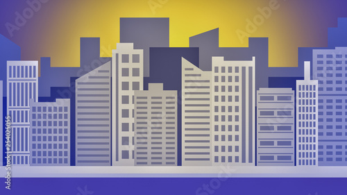 cartoon cityscape with skyscrapers and towers  sun on background  abstract design