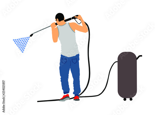 Car wash center vector illustration isolated white background. Boy taking care about car in washing service. Worker with compressor water gun clean. Pit stop cleaning vehicle. Man washing automobile. 