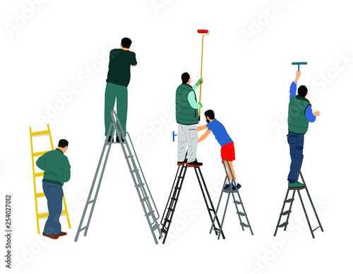 Painter workers on ladder vector illustration isolated on white. Man decorator painting wall with paint brush roller. Crew renovation home. Handyman move in job. Washing window cleaning service action
